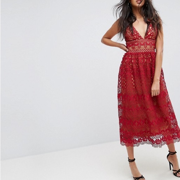 ASOS Boohoo Red Lace Midi Dress - Picture 1 of 7
